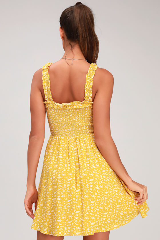 Golden Yellow Floral Dress - Smocked Dress - Floral Print Dress - Lulus