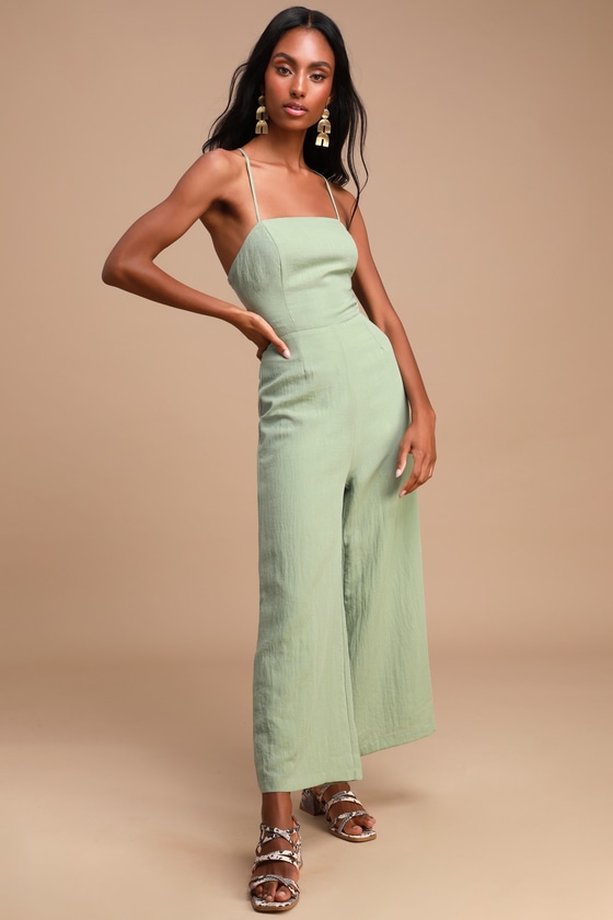 Sage Green Jumpsuit - Culotte Jumpsuit - Lace-Up Jumpsuit - Lulus