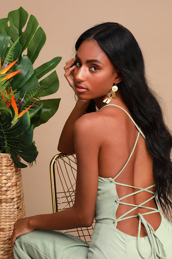 Adelia Sage Green Lace-Up Culotte Jumpsuit 6