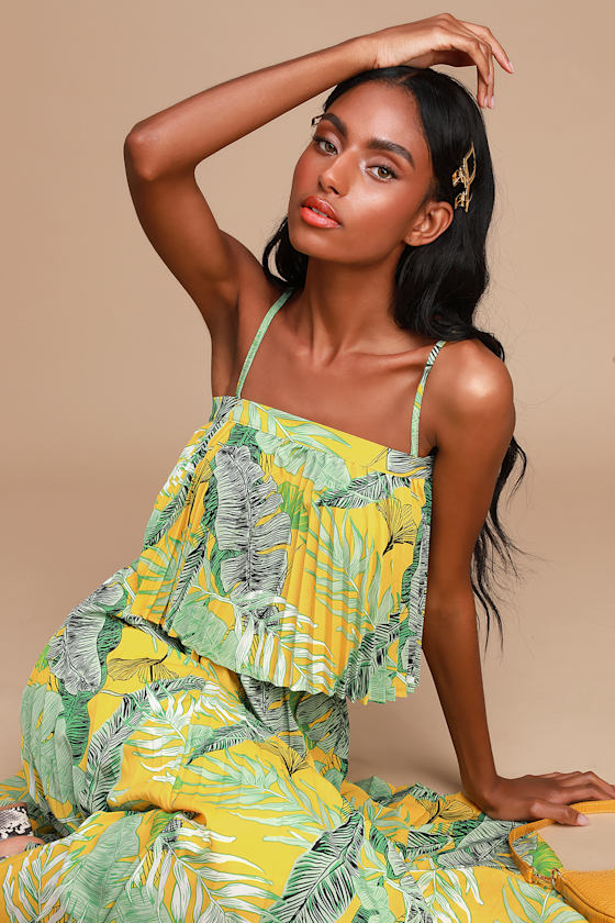 Chase the Sun Yellow Tropical Print Pleated Two-Piece Midi Dress 7