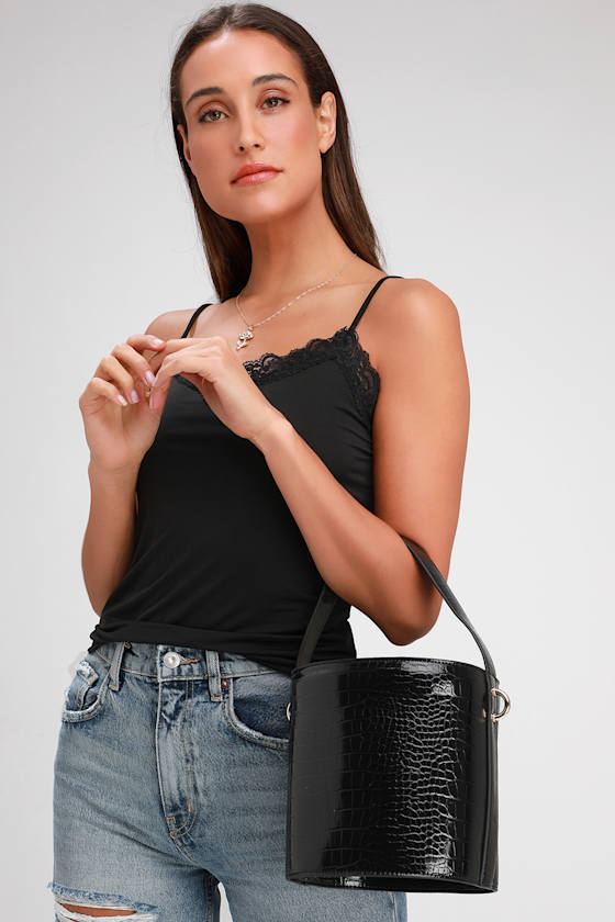 Mariposa Black Crocodile Print Bucket Bag 1