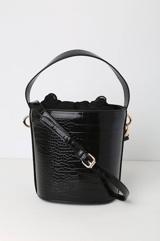 Mariposa Black Crocodile Print Bucket Bag 2