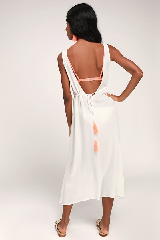 White and Neon Orange Swim CoverUp Embroidered Swim CoverUp