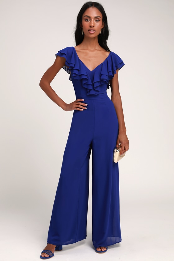 Lovely Royal Blue Jumpsuit - Ruffled Jumpsuit - Wide-Leg Jumpsuit - Lulus