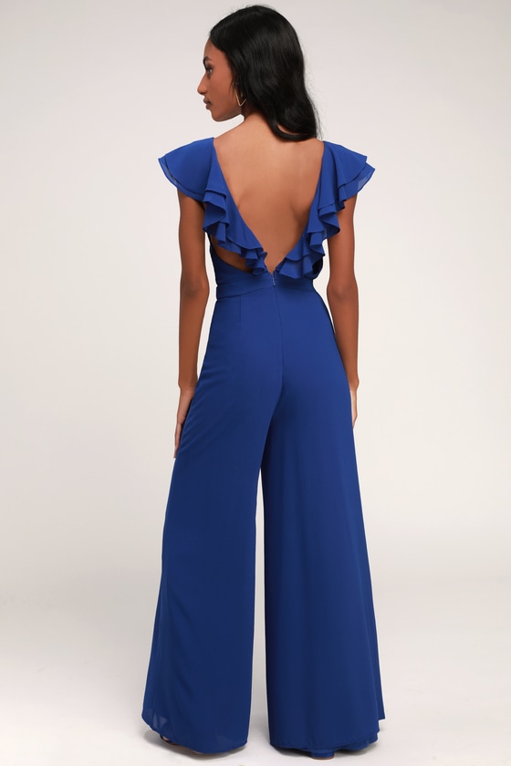 Lovely Royal Blue Jumpsuit - Ruffled Jumpsuit - Wide-Leg Jumpsuit - Lulus