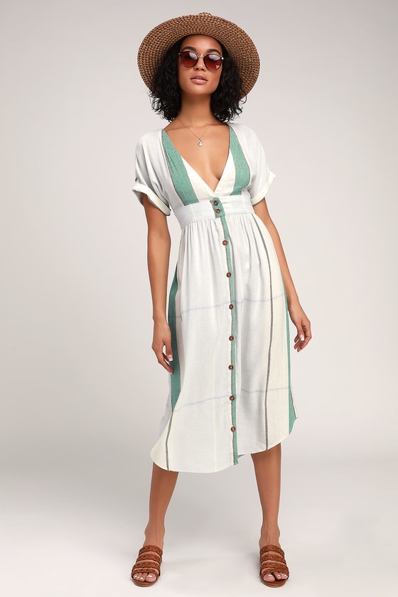 Reid Light Blue Multi Stripe Button-Up Midi Dress