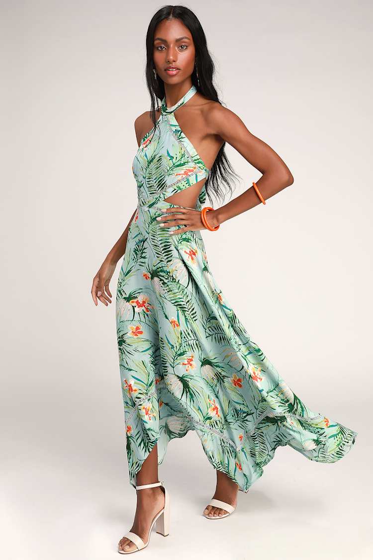 slim fit dress slacks Blue Tropical Floral Cotton Maxi Dress - Halter Dresses