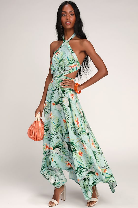 St Tropez Mint Blue Leaf Print Halter Dress 7