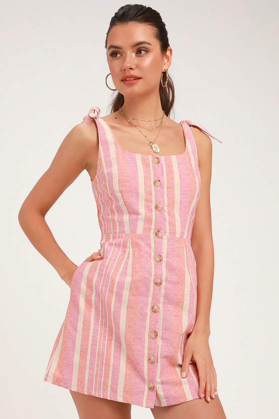 Brooklin Pink Multi Striped Button Front Mini Dress