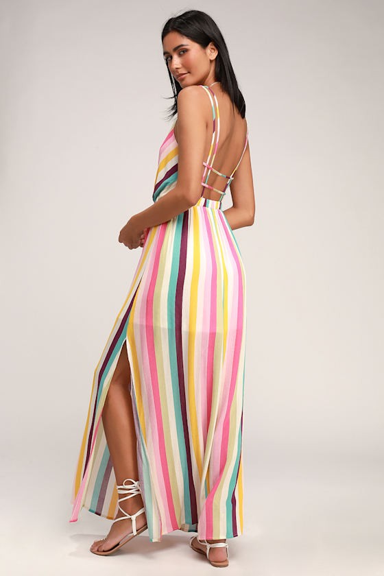 Colorful Striped Backless Maxi Dress