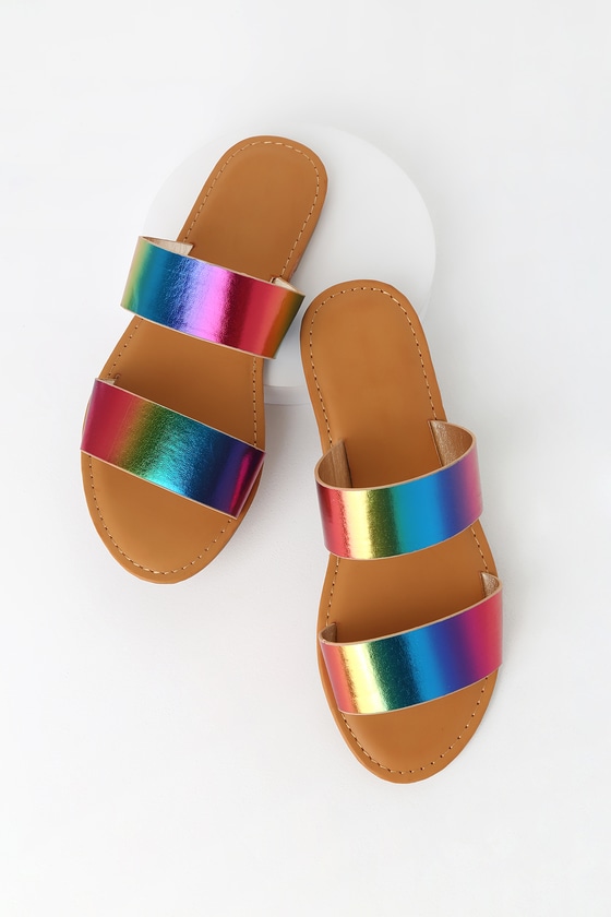 Cute Rainbow Sandals - Slide Sandals - Vegan Leather Sandals - Lulus