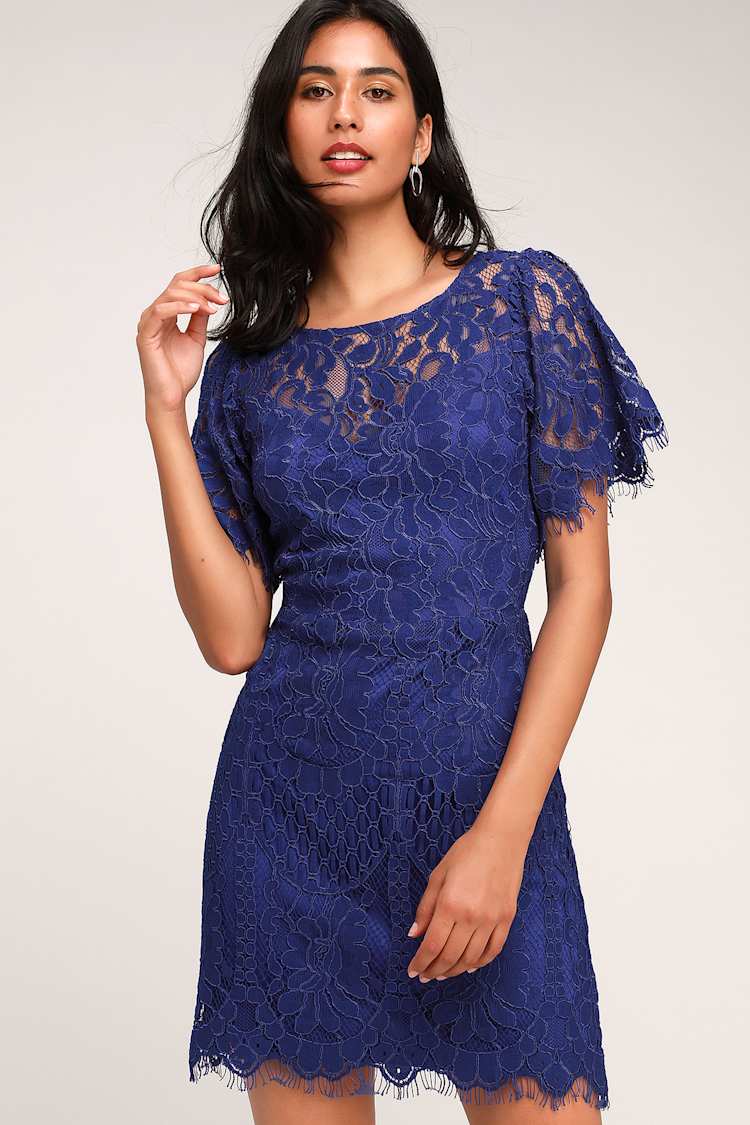 Lovely Royal Blue Dress - Lace Dress - Short Sleeve Dress - Lulus