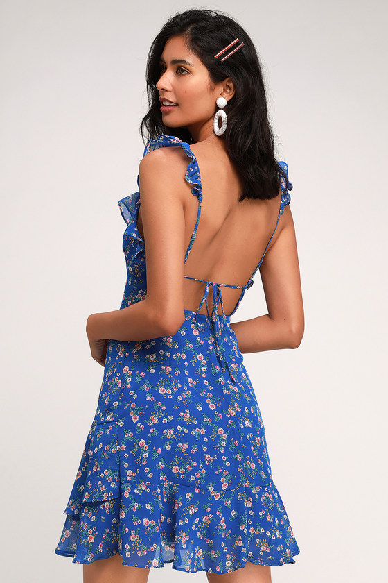Blue Dress - Floral Print Dress - Ruffled Dress - Backless Dress - Lulus