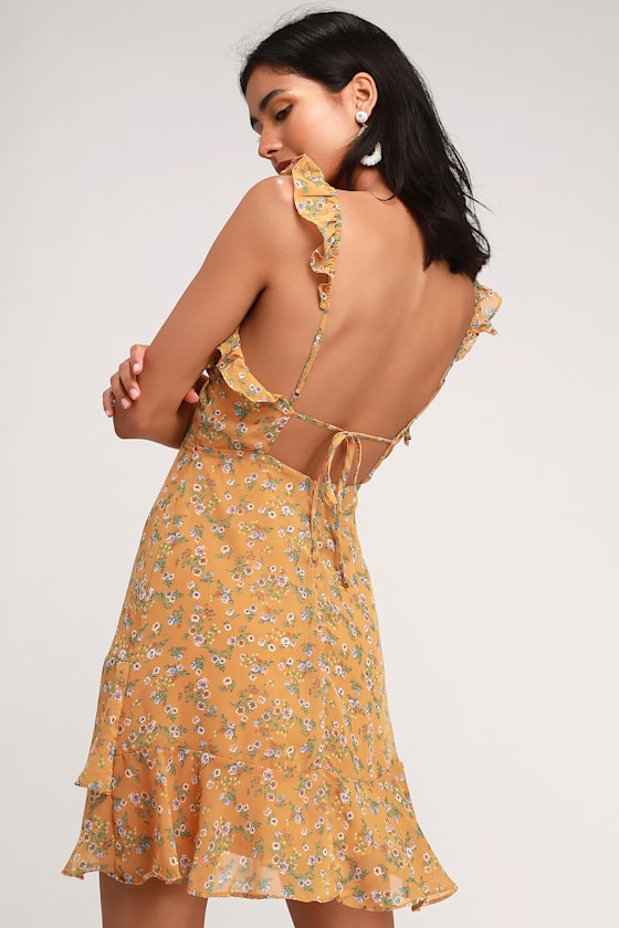 Backless Yellow Dress - Floral Print Dress - Ruffled Dress - Lulus