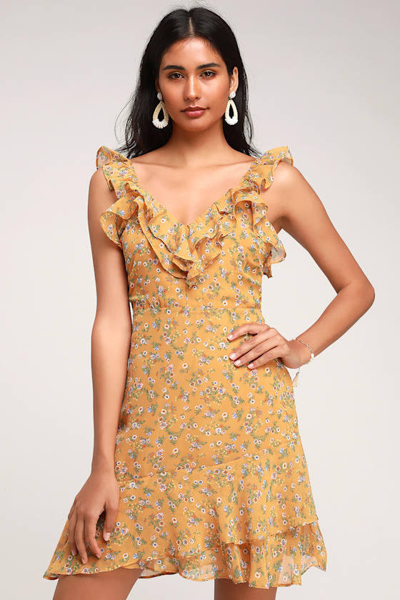 Backless Yellow Dress - Floral Print Dress - Ruffled Dress