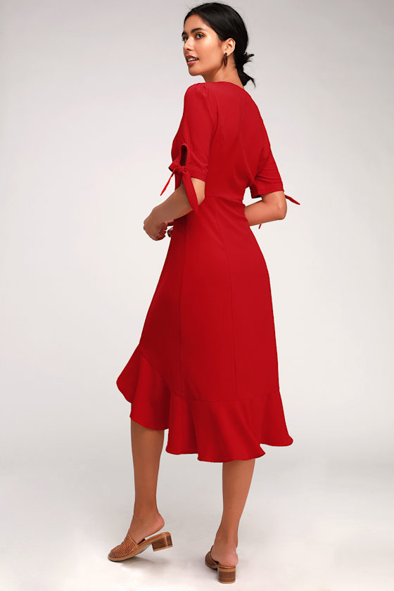 Gemma Red Button Front Tie Sleeve Ruffled Midi Dress 6