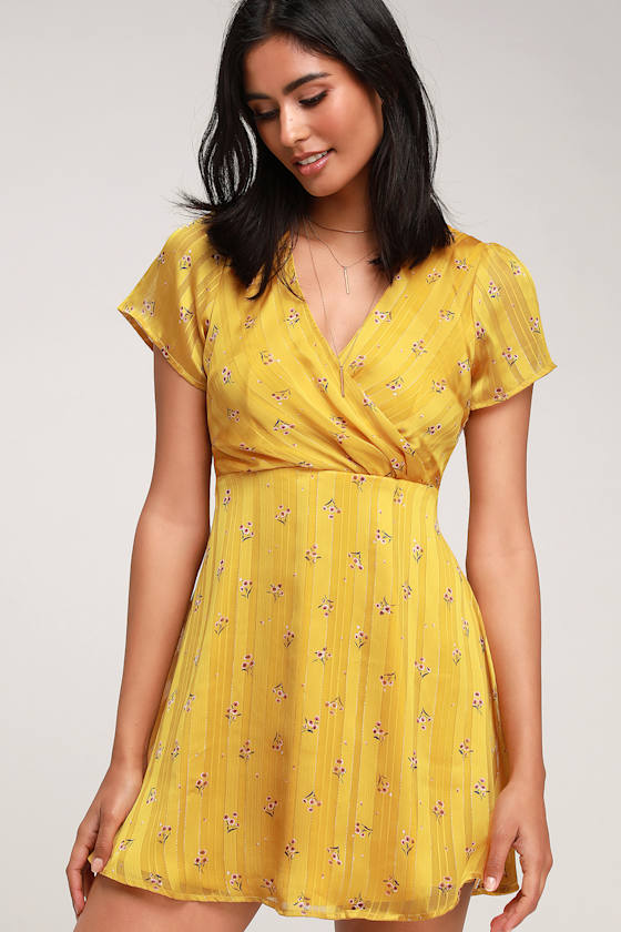 Yellow Floral Print Dress - Satin Dress - Surplice Skater Dress - Lulus