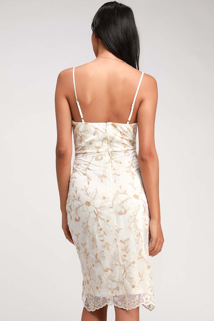 Starleena Cream and Taupe Floral Embroidered Bodycon Midi Dress