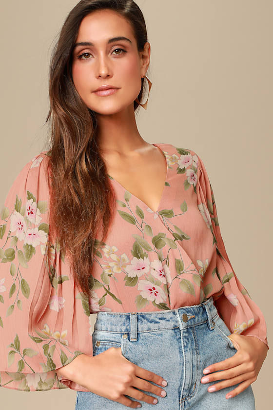 Anders Dusty Peach Floral Print Kimono Sleeve Bodysuit 2