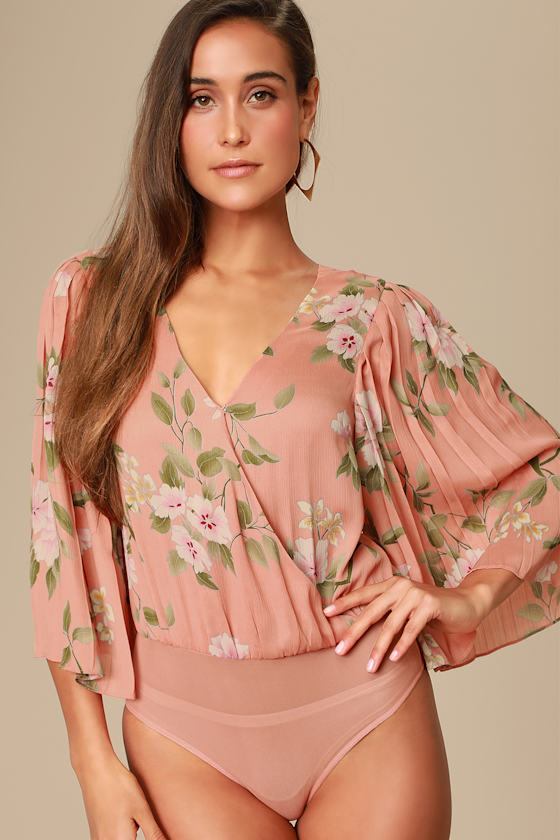 Anders Dusty Peach Floral Print Kimono Sleeve Bodysuit 4