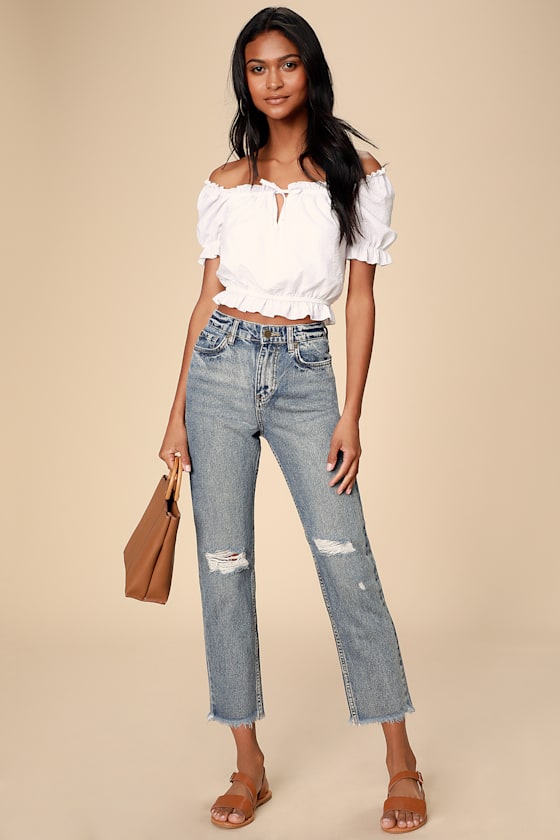 Selena Medium Wash High-Waisted Distressed Jeans 1