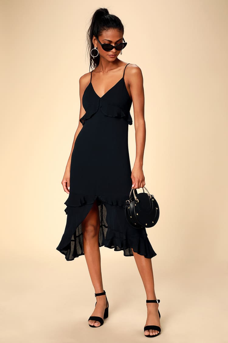 Island Time Black Ruffled Midi Dress