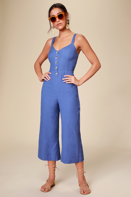 Cute Blue Jumpsuit - Cropped Wide-Leg Jumpsuit - Culotte Jumpsuit - Lulus
