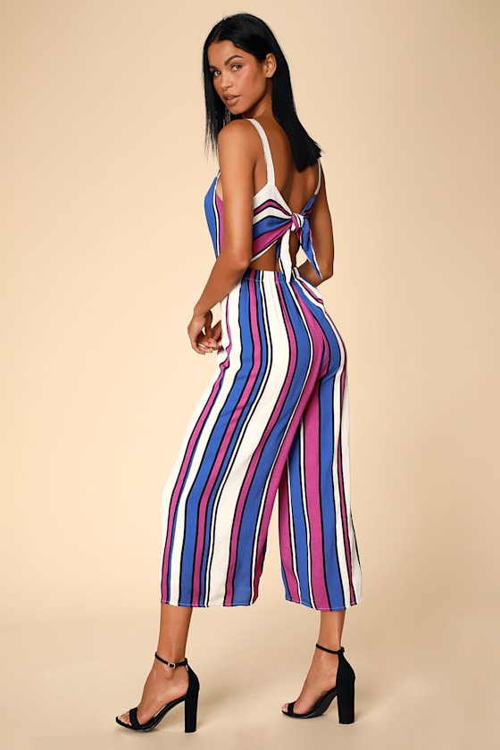 Colorful Striped Halter Tie Back Jumpsuit
