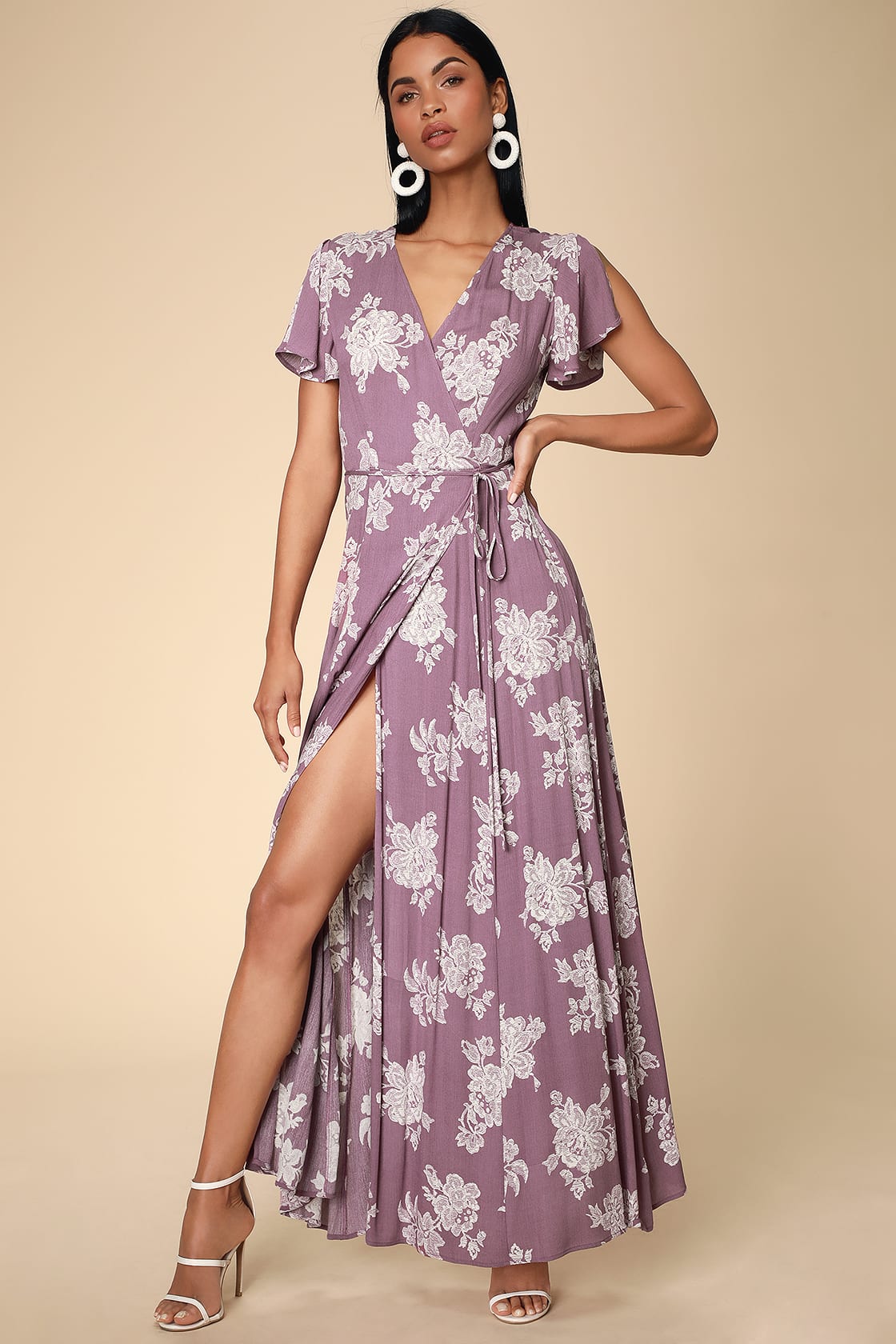 Heart of Marigold Dusty Lavender Floral Print Wrap Maxi Dress