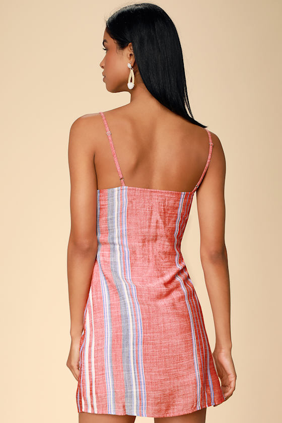 Xali Coral Red Striped Sleeveless Mini Wrap Dress 5