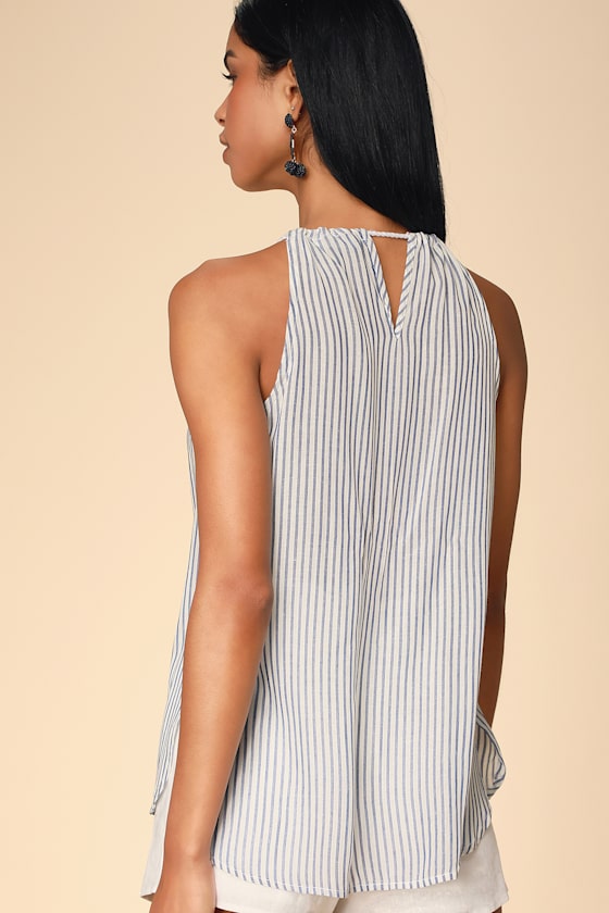 Beach Hopper Blue and White Striped Embroidered Tank Top 1