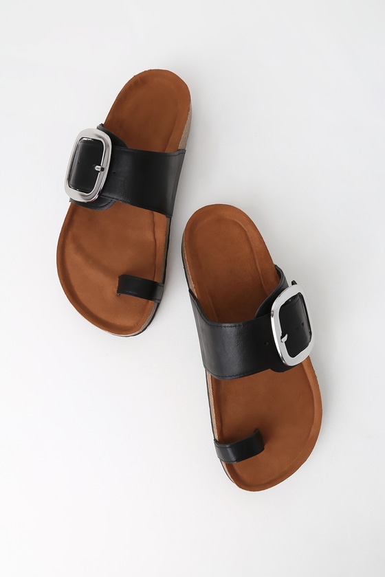 Cute Black Sandals - Cork Sole Sandals - Toe-Loop Sandals - Lulus