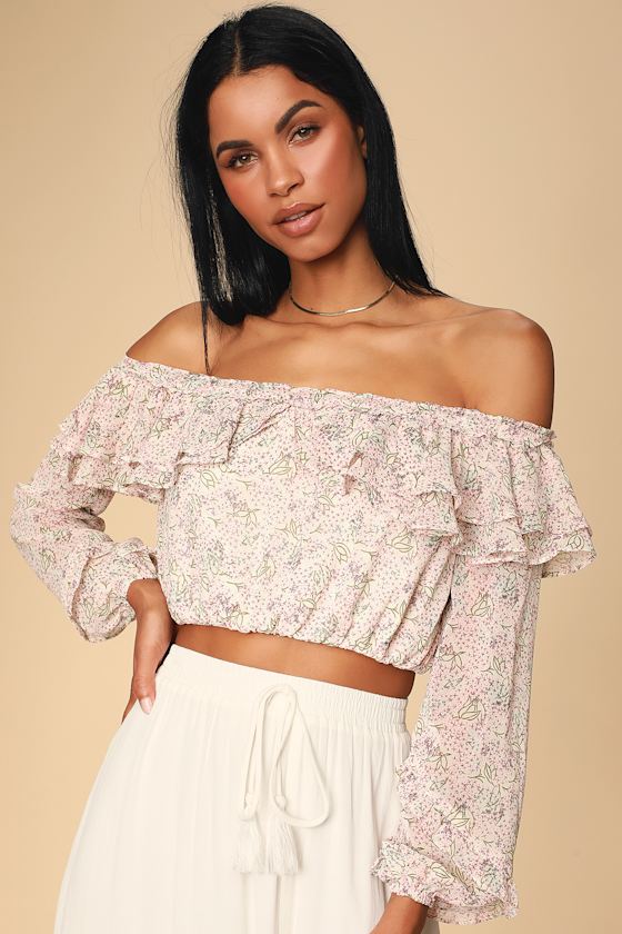 Pink off the shoulder crop top with singe detail … Mlll