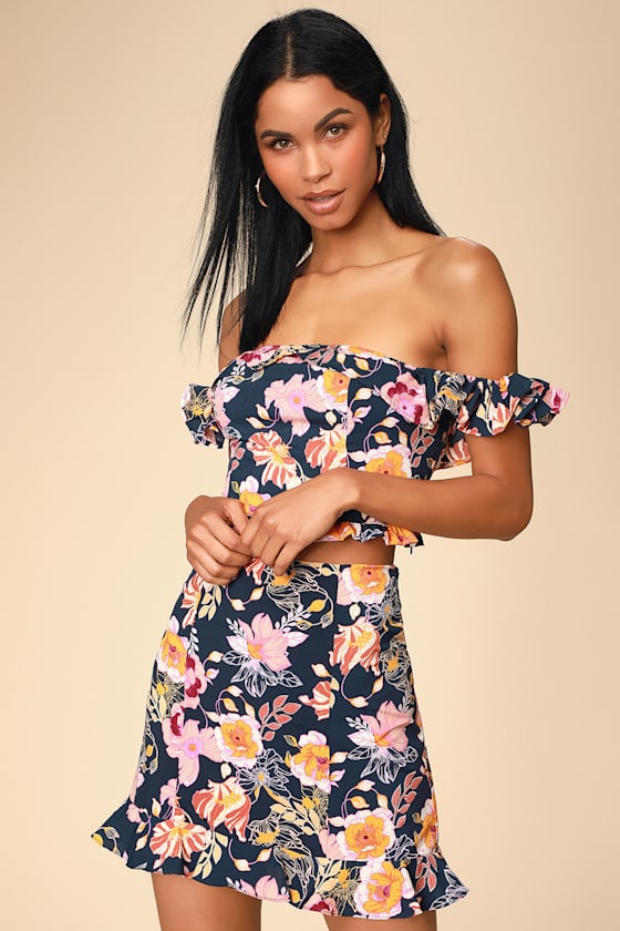 Lovely Navy Blue Floral Skirt Satin Mini Skirt Ruffled Skirt Lulus