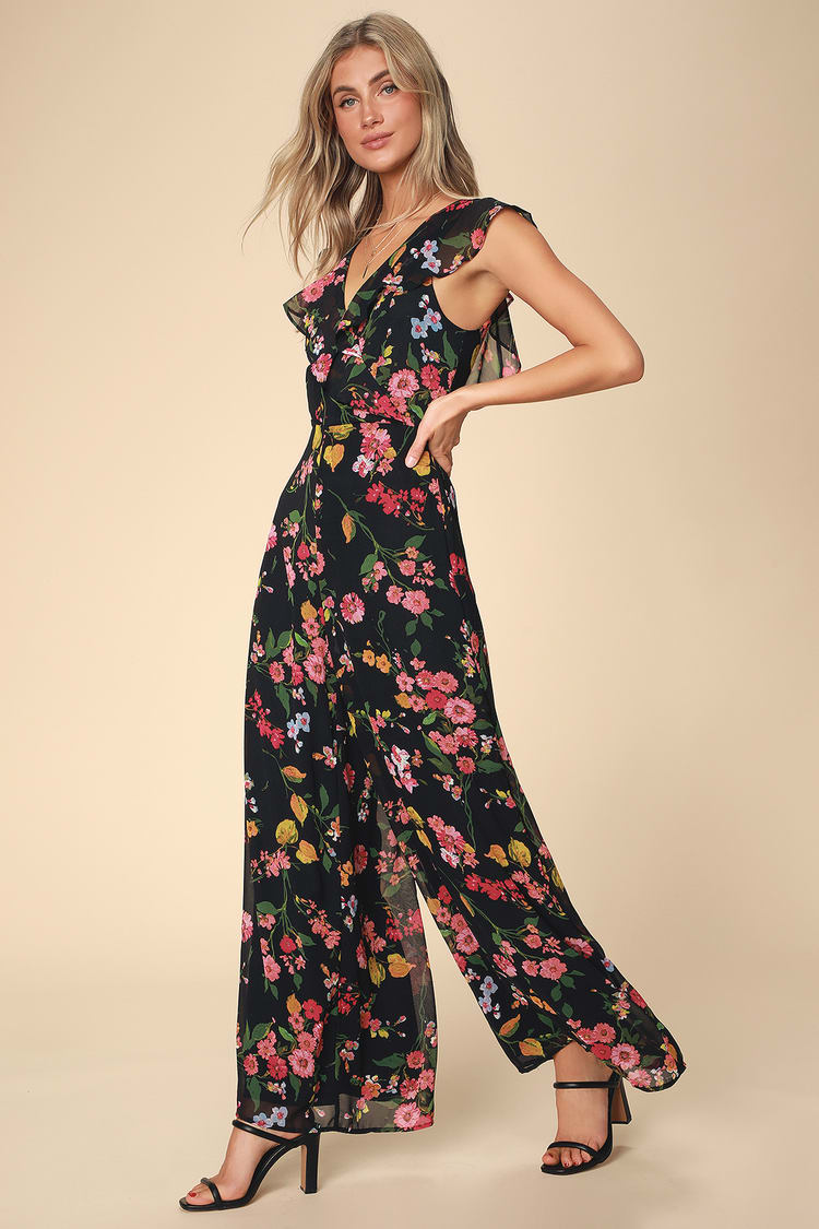 Blooming Love Black Floral Print Ruffled Jumpsuit