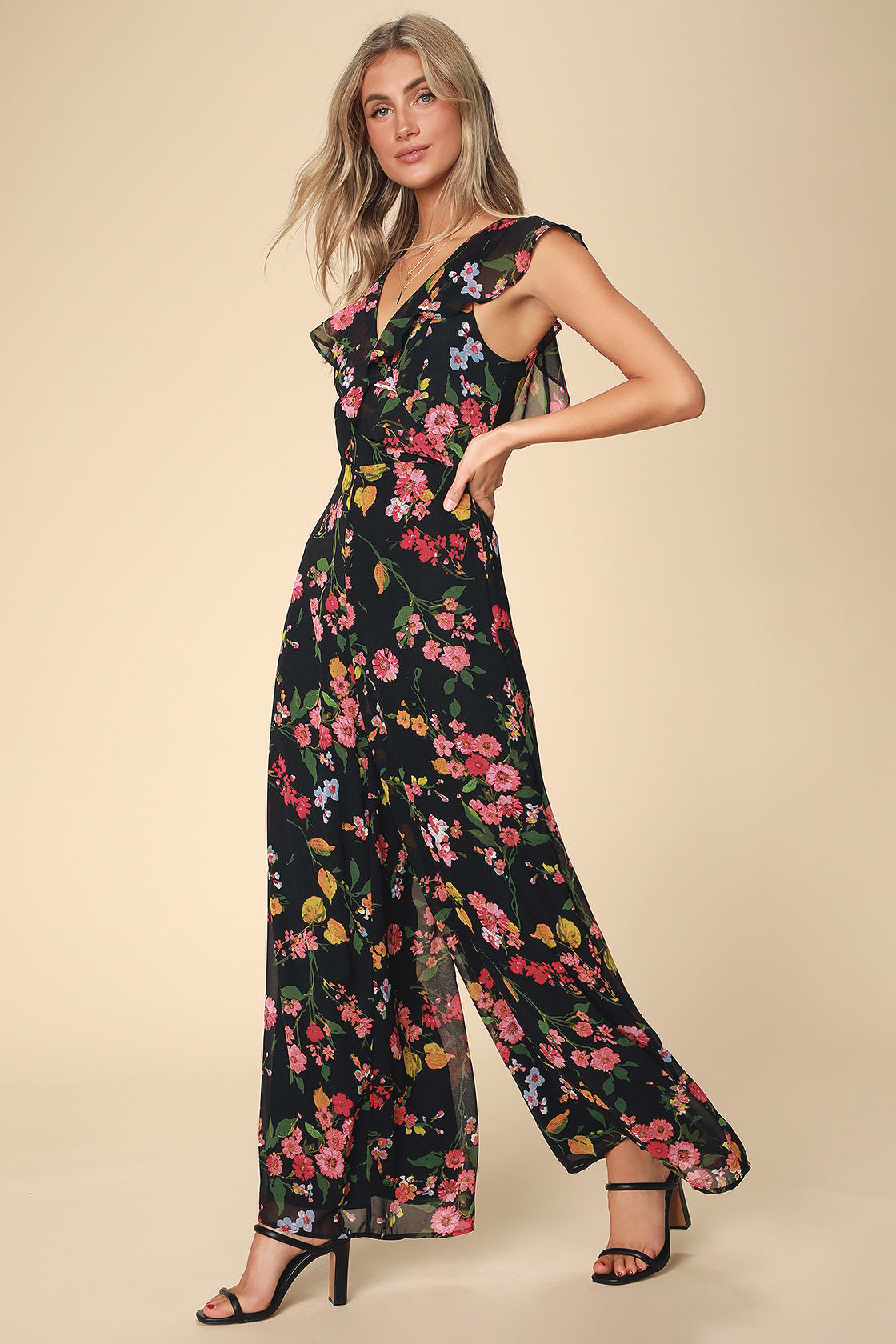 Black and Pink Floral Ruffled Jumpsuit for Summer Wedding Guest and for Beach Wedding Guest Outfit