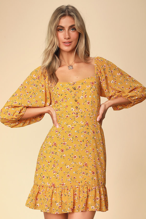 Mustard Yellow Dress - Floral Print Dress - Puff Sleeve Dress