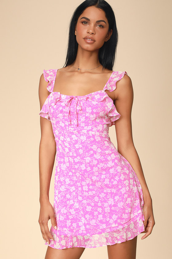 Lovely Pink Floral Dress Ruffled Mini Dress Skater Dress Lulus