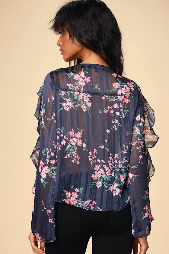 Cute Navy Blue Floral Top Ruffle Sleeve Top Floral Print Top