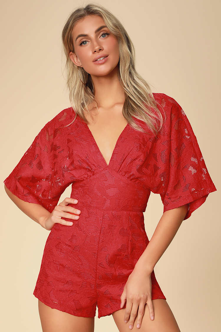 Cute Red Romper - Backless Romper - Embroidered Sleeve Romper - Lulus