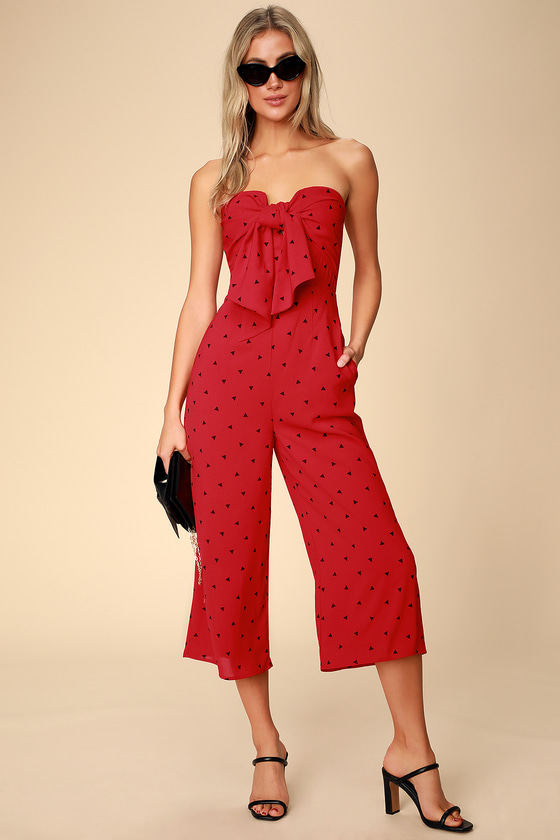 Cute Red Print Jumpsuit - Strapless Jumpsuit - Culotte Jumpsuit - Lulus
