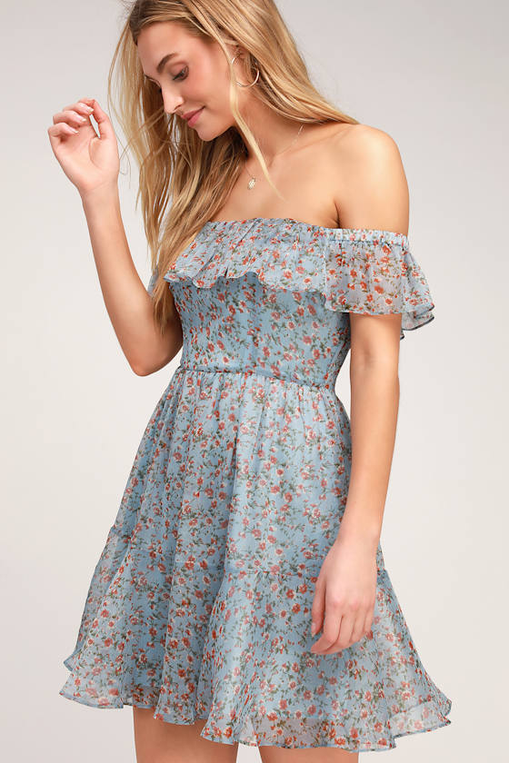 My Favorite Sky Blue Floral Print Off-the-Shoulder Dress