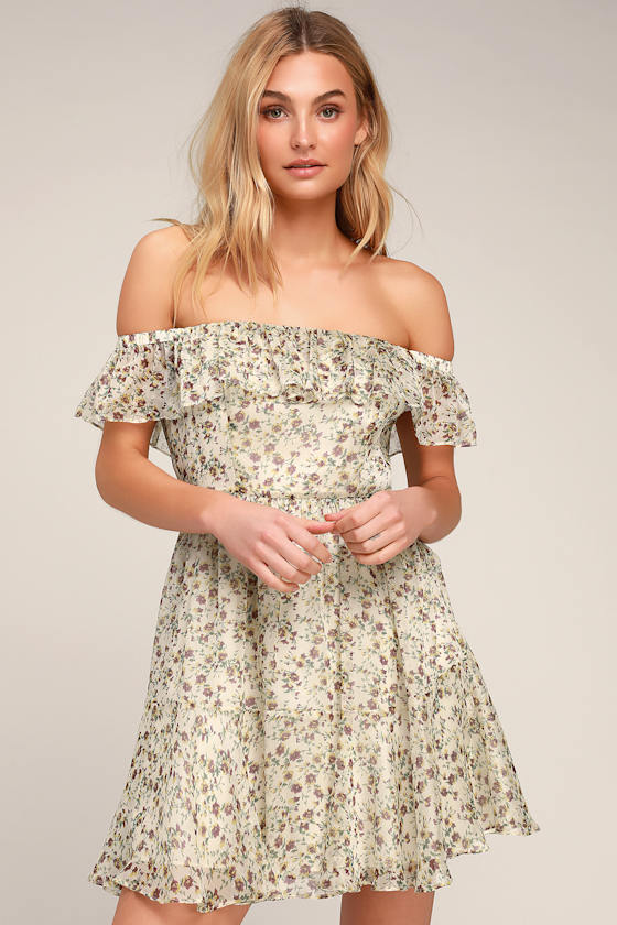 My Favorite Ivory Floral Print Off-the-Shoulder Dress