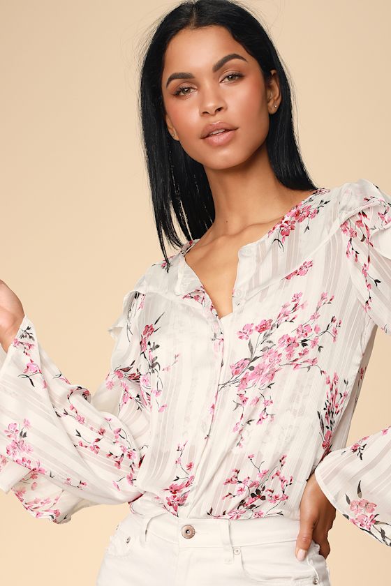 Cute White Floral Top Ruffle Sleeve Top Floral Print Top Lulus