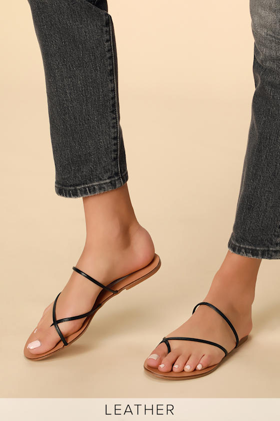 Wise Black Leather Strappy Slide Sandals 1