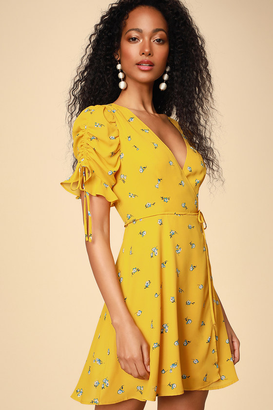 Lovely Yellow Floral Dress - Floral Wrap Dress - Mini Dress - Lulus