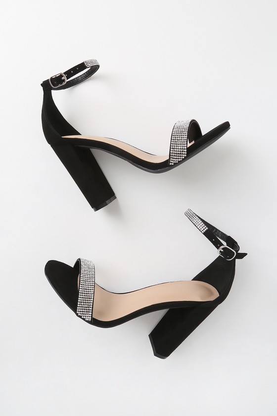 black and rhinestone heels