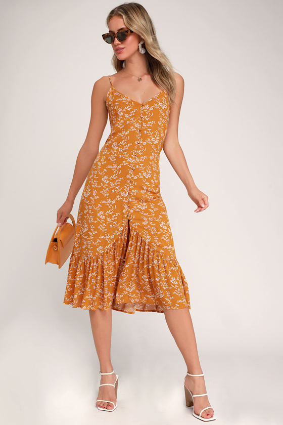 Cute Floral Midi Dress - Yellow Midi Dress - Ruffled Midi Dress - Lulus