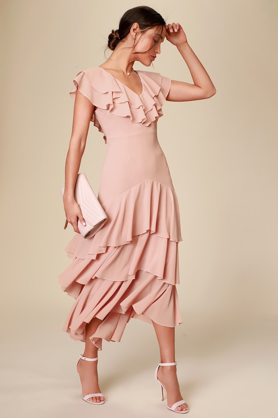 Lovely Blush Midi Dress - Ruffled Dress ...