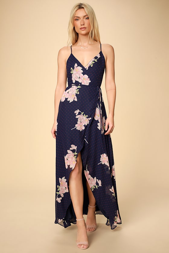 Cute Navy Blue Floral Print Polka Dot Dress - Maxi Wrap Dress - Lulus